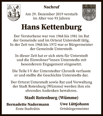 Traueranzeige von Hans Kettenburg von SYK