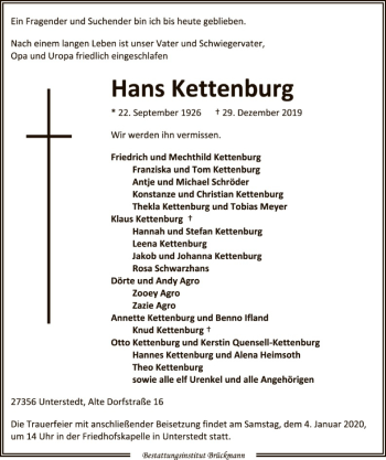 Traueranzeige von Hans Kettenburg von SYK