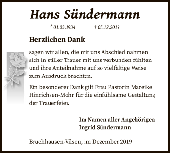 Traueranzeige von Hans Sündermann von SYK