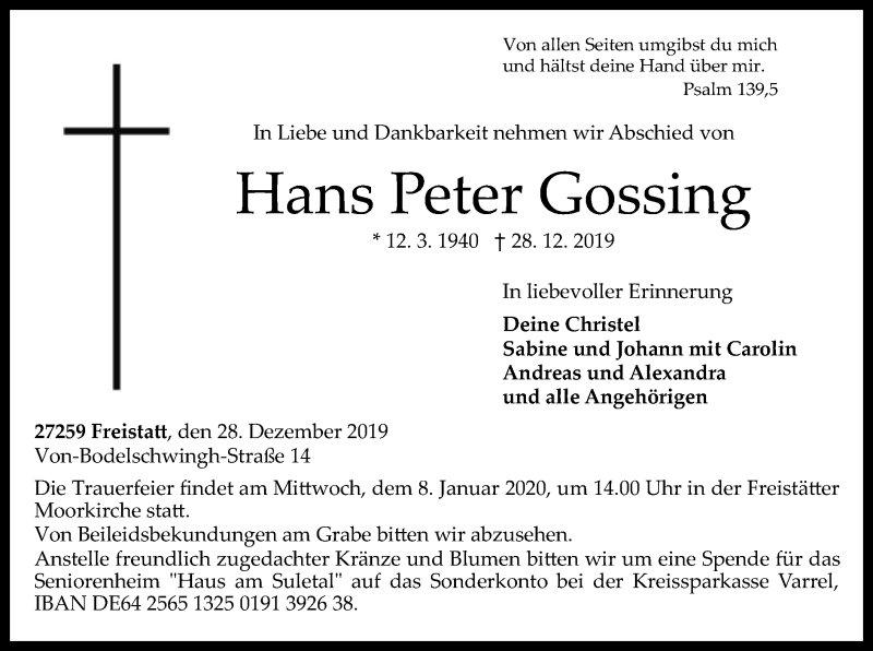  Traueranzeige für Hans Peter Gossing vom 04.01.2020 aus SYK