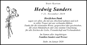 Traueranzeige von Hedwig Sanders von SYK