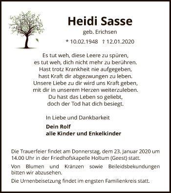 Traueranzeige von Heidi Sasse von SYK