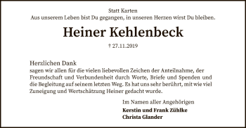 Traueranzeige von Heiner Kehlenbeck von SYK