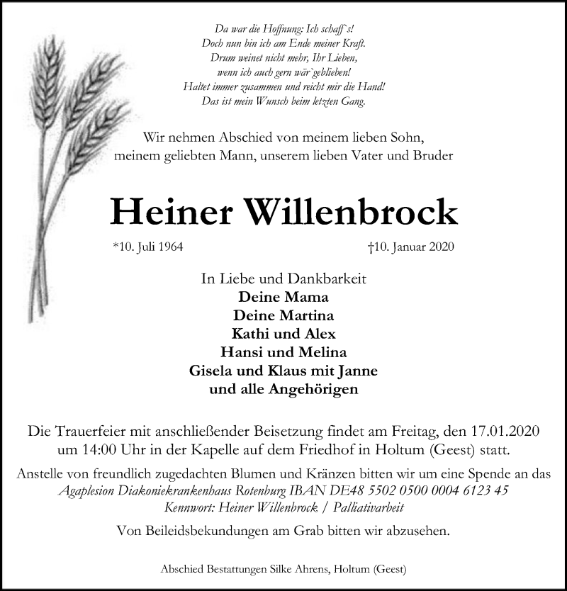 Traueranzeige für Heiner Willenbrock vom 14.01.2020 aus SYK