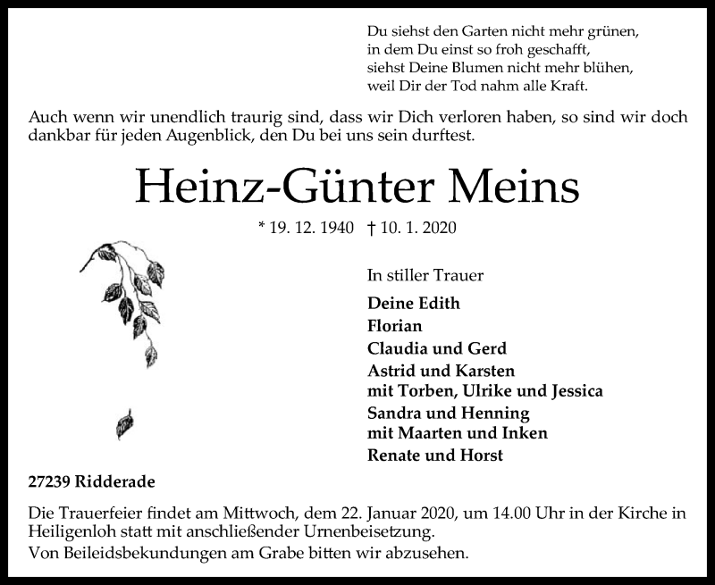  Traueranzeige für Heinz-Günter Meins vom 14.01.2020 aus SYK