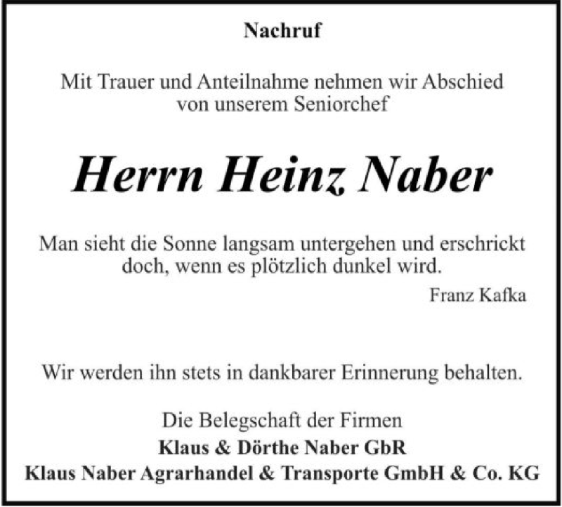  Traueranzeige für Heinz Naber vom 18.01.2020 aus SYK