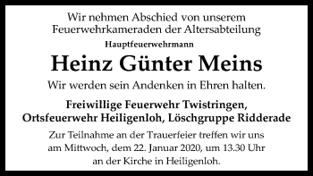 Traueranzeige von Heinz Günter Meins von SYK