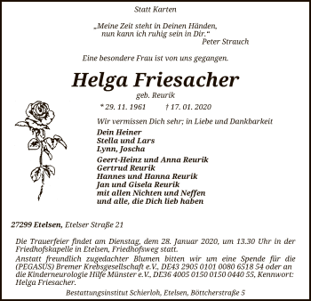 Traueranzeige von Helga Friesacher von SYK