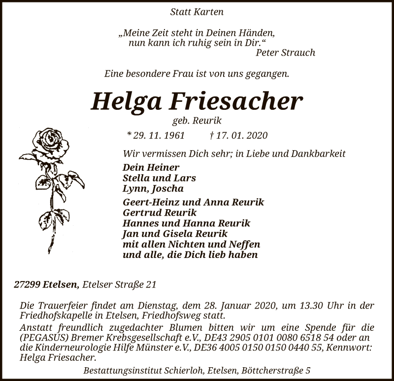  Traueranzeige für Helga Friesacher vom 23.01.2020 aus SYK