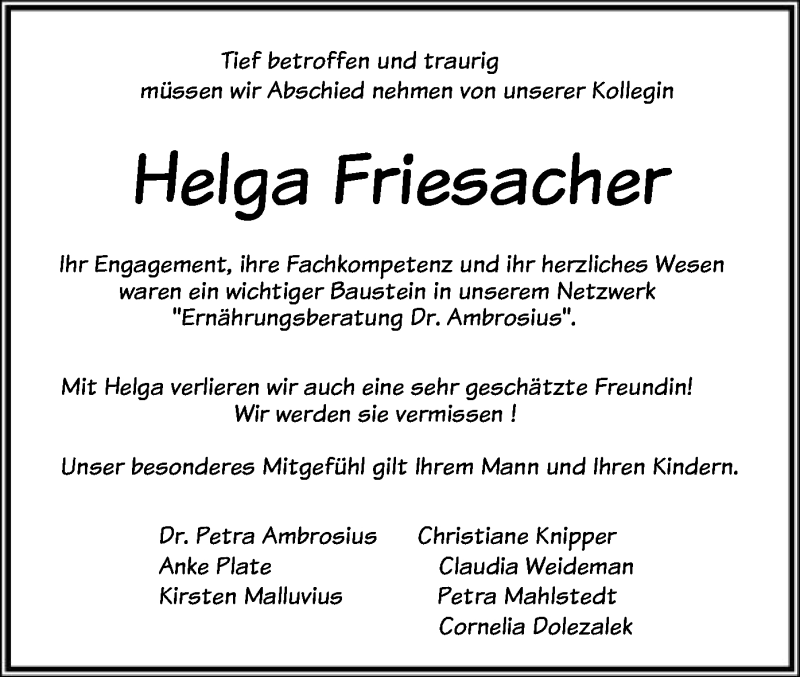  Traueranzeige für Helga Friesacher vom 24.01.2020 aus SYK