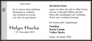 Traueranzeige von Helga Hacke von SYK