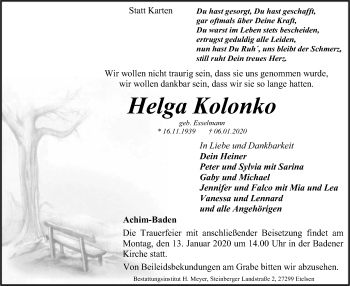 Traueranzeige von Helga Kolonko von SYK