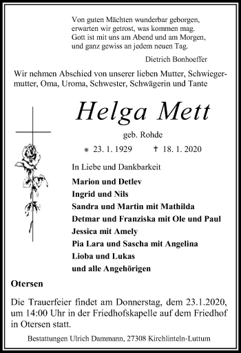 Traueranzeige von Helga Mett von SYK