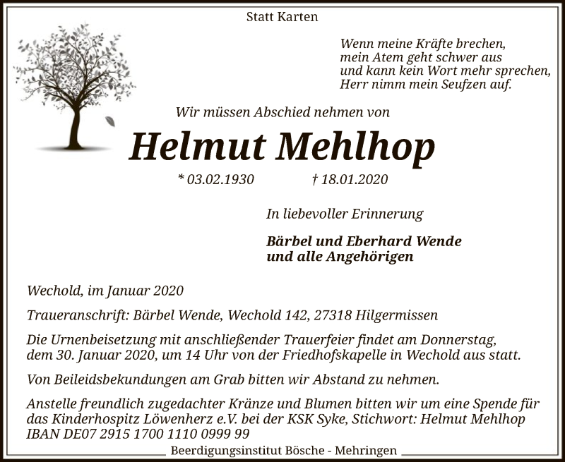  Traueranzeige für Helmut Mehlhop vom 24.01.2020 aus SYK