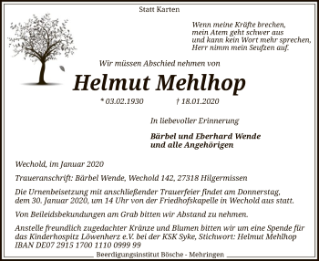 Traueranzeige von Helmut Mehlhop von SYK