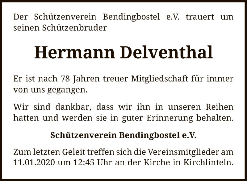  Traueranzeige für Hermann Delventhal vom 08.01.2020 aus SYK