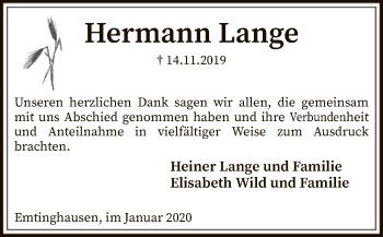 Traueranzeige von Hermann Lange von SYK