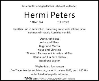 Traueranzeige von Hermi Peters von SYK