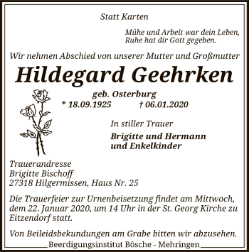 Traueranzeige von Hildegard Geehrken von SYK