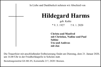 Traueranzeige von Hildegard Harms von SYK