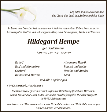 Traueranzeige von Hildegard Hempe von SYK