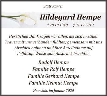 Traueranzeige von Hildegard Hempe von SYK