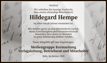 Traueranzeige von Hildegard Hempe von SYK