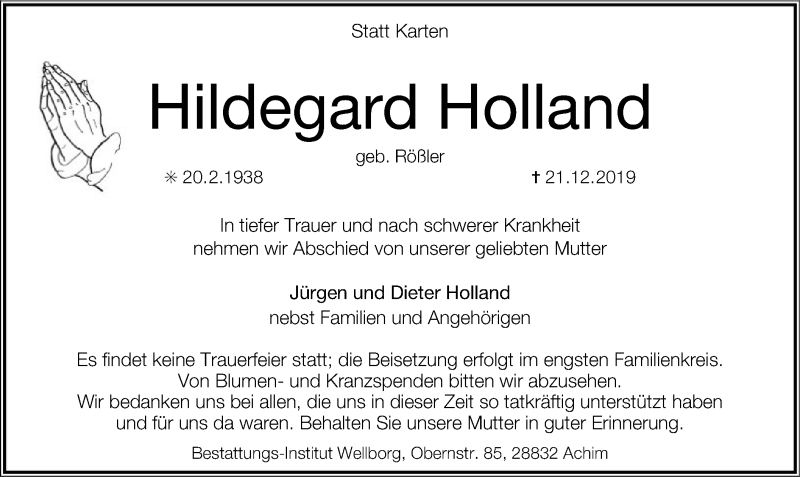 Traueranzeige für Hildegard Holland vom 28.12.2019 aus SYK