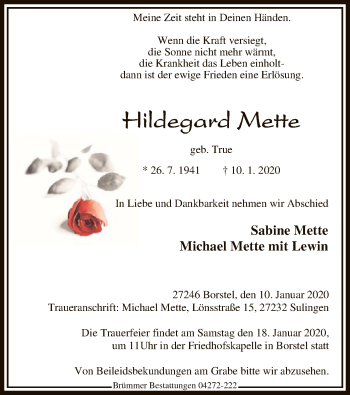 Traueranzeige von Hildegard Mette von SYK