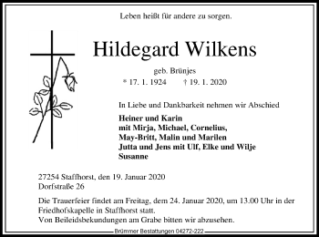 Traueranzeige von Hildegard Wilkens von SYK