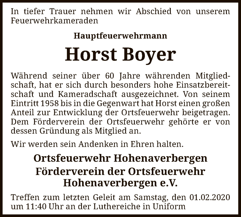  Traueranzeige für Horst Boyer vom 25.01.2020 aus SYK