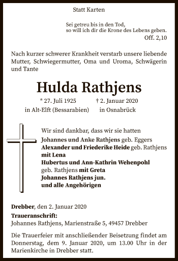 Traueranzeige von Hulda Rathjens von SYK