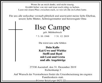 Traueranzeige von Ilse Campe von SYK