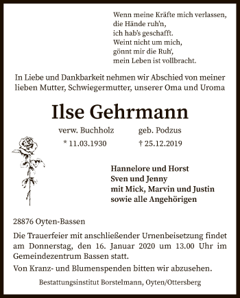 Traueranzeige von Ilse Gehrmann von SYK