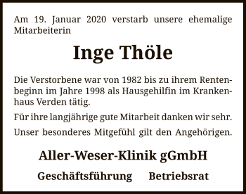 Traueranzeige von Inge Thöle von SYK