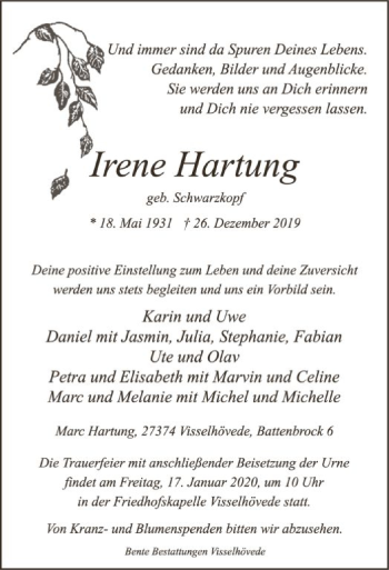 Traueranzeige von Irene Hartung von SYK