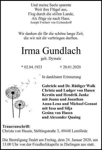 Traueranzeige von Irma Gundlach von SYK