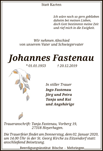 Traueranzeige von Johannes Fastenau von SYK