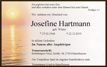 Traueranzeige von Josefine Hartmann von SYK