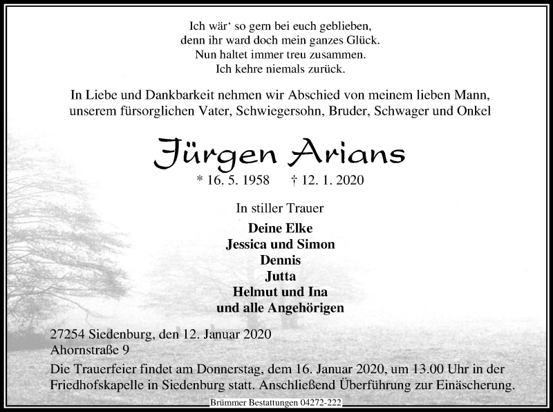  Traueranzeige für Jürgen Arians vom 14.01.2020 aus SYK
