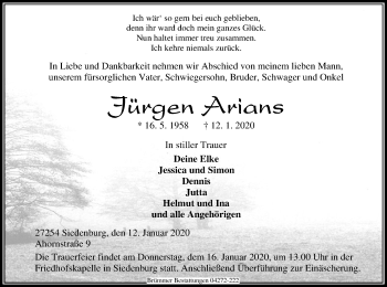 Traueranzeige von Jürgen Arians von SYK