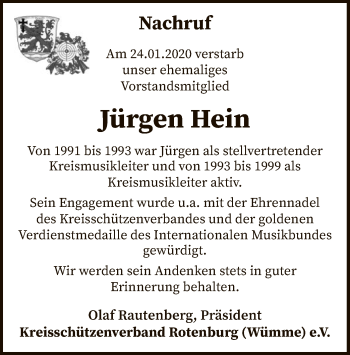 Traueranzeige von Jürgen Hein von SYK