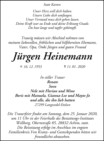 Traueranzeige von Jürgen Heinemann von SYK