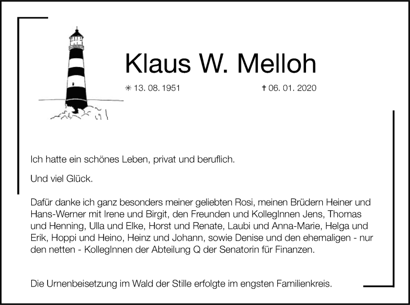  Traueranzeige für Klaus W. Melloh vom 25.01.2020 aus SYK