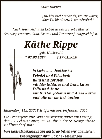 Traueranzeige von Käthe Rippe von SYK