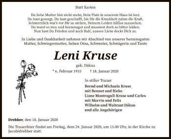 Traueranzeige von Leni Kruse von SYK