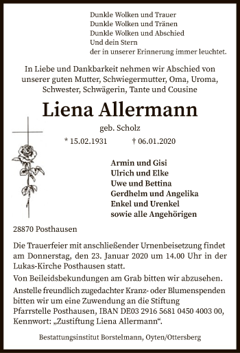 Traueranzeige von Liena Allermann von SYK