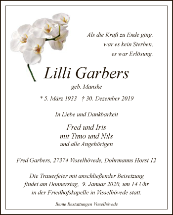 Traueranzeige von Lilli Garbers von SYK