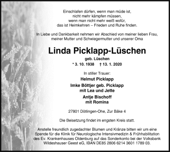 Traueranzeige von Linda Picklapp-Lüschen von SYK