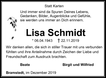 Traueranzeige von Lisa Schmidt von SYK